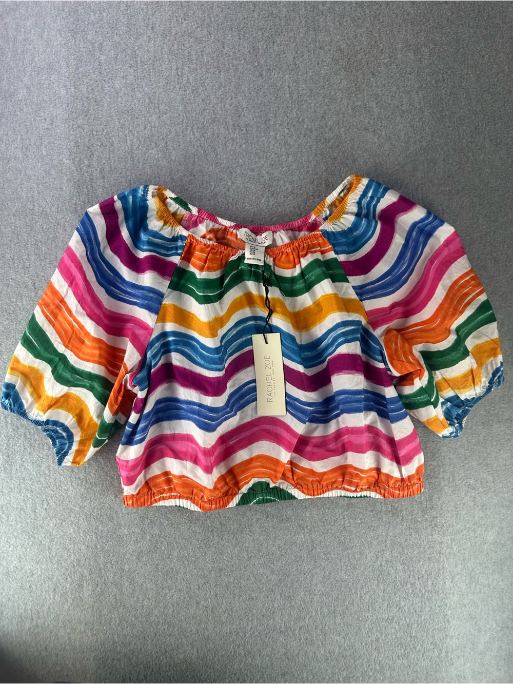 New Rachel Zoe Off The Shoulder Crop Top Sz Medium Balloon Sleeve Rainbow Stripe